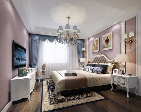  简欧卧室 床床头柜 吊灯3d模型 