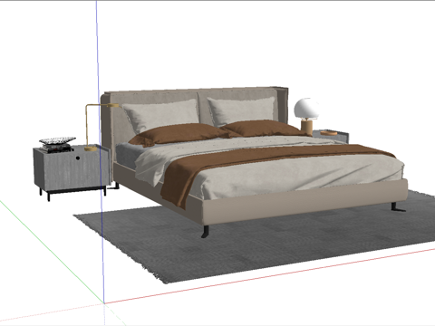 现代双人床_床头柜_植物_雕塑摆件su模型