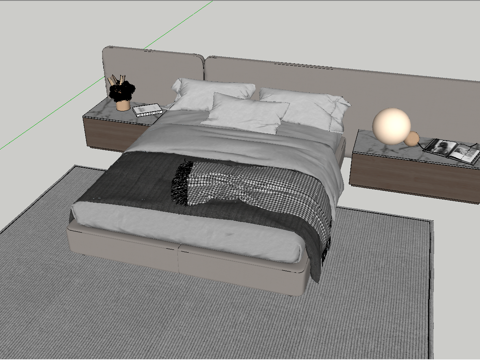 现代风格双人床_床头柜_台灯_雕塑_摆件su模型