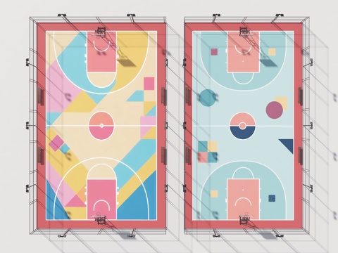 现代户外球场 篮球场 运动场地 半场篮球场 球场灯 铁围 铁su模型