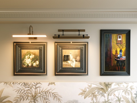 法式中古风装饰画 挂画 法式装饰画 壁灯复古高级画 壁灯su模型