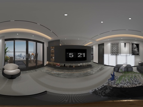  现代黑白灰客餐厅 悬空电视背景墙 阳台 无主灯 电竞房 厨房 