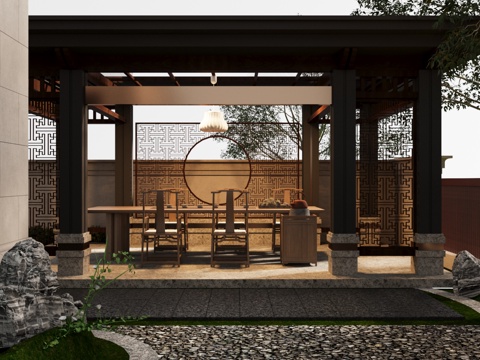  现代新中式 庭院花园 禅意空间 中式户外茶亭 休闲亭 茶桌椅3d模型 