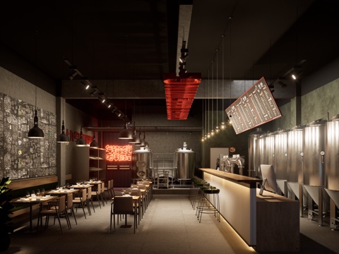 现代工业风酒吧餐饮店咖啡店su模型