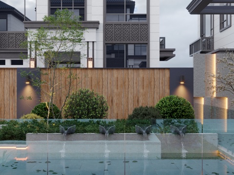  现代新中式 庭院花园 围墙景墙 植物组团 叠水跌水水景组合3d模型 
