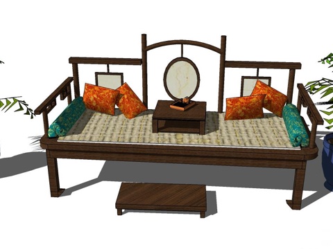 罗汉床 塌 实木床 床 实木罗汉床 沙发床 实木沙发su模型