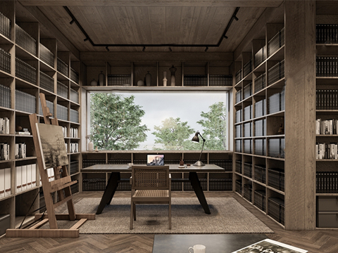 侘寂工作室 经理办公室 董事长办公室 办公桌 书柜su模型