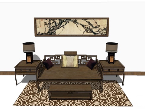 罗汉床 塌 实木床 床 实木罗汉床su模型