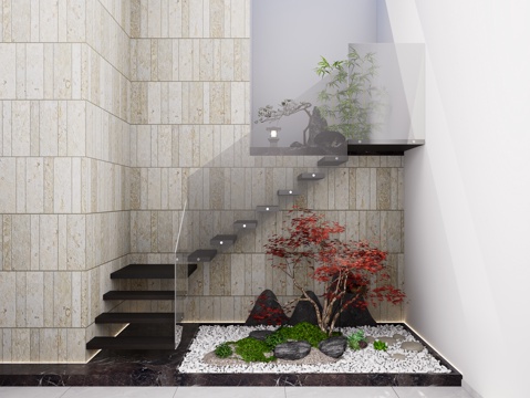 现代干景景观楼梯间 现代简约楼梯间 楼梯景观植物造景 楼梯su模型