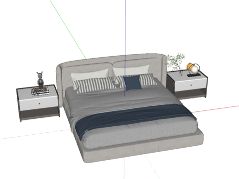 现代双人床_床头柜_植物_雕塑摆件su模型
