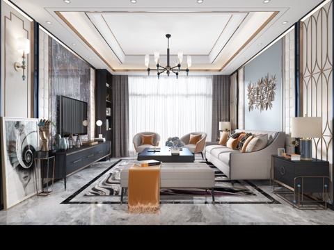  现代客厅 电视柜 沙发茶几组合 吊灯 壁灯 窗帘3d模型 