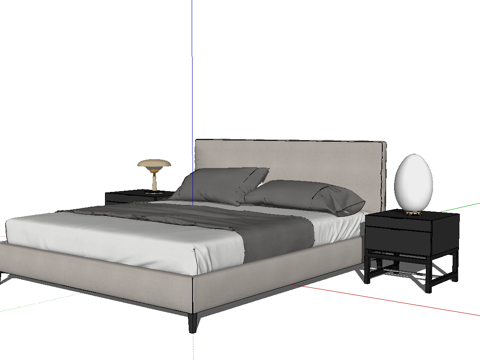 现代双人床_床头柜_植物_雕塑摆件su模型