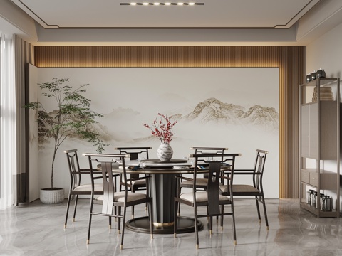 新中式餐厅包间 酒店包厢su模型