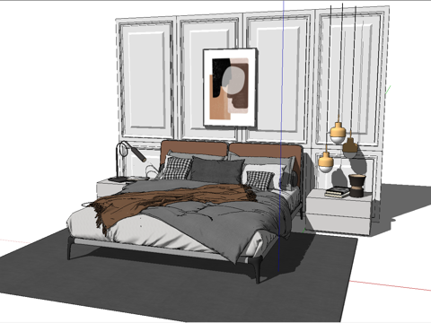 现代风格双人床_床头柜_台灯_雕塑_摆件su模型