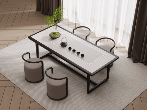 新中式茶桌椅su模型