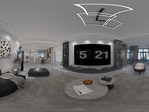  现代黑白灰客餐厅 吊灯 厨房 餐桌组合 沙发组合 摆件 