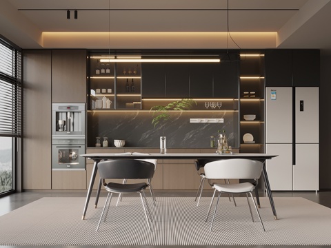 现代意式餐厅 餐桌椅 餐边柜 酒柜su模型