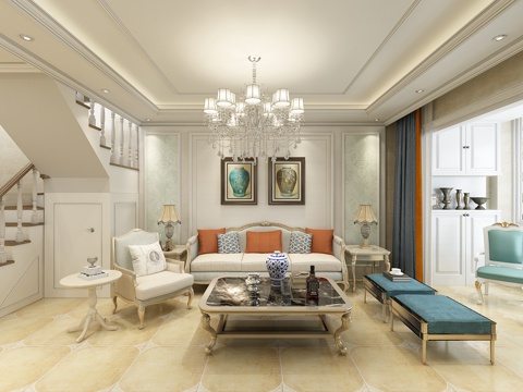  简欧欧式复式客厅3d模型 