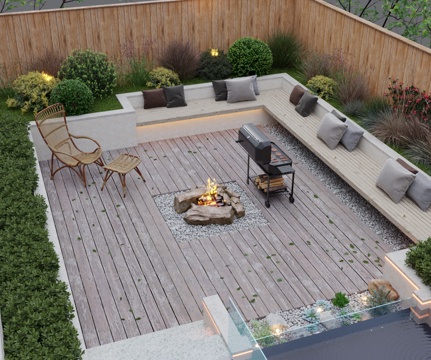  现代新中式 庭院花园 围墙景墙 植物组团 休闲卡座 休闲藤编3d模型 