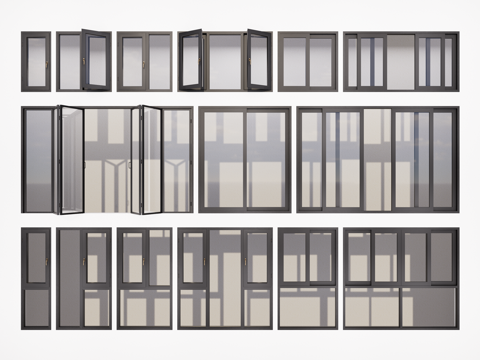 现代门窗组合 断桥铝合金门窗 铝合金推拉门 落地门窗 折叠窗su模型