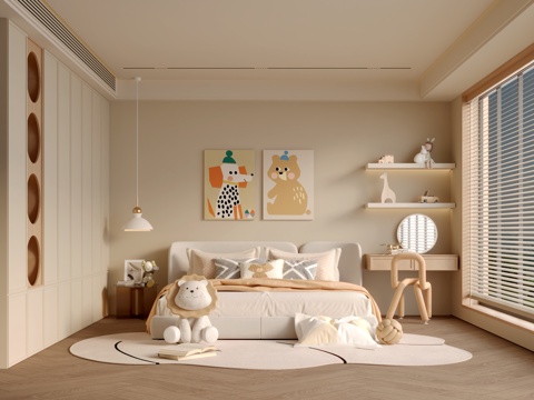  现代奶油风儿童房3d模型 