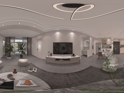  现代极简客餐厅 吊灯 沙发组合 餐厅 厨房 酒柜 鞋柜 