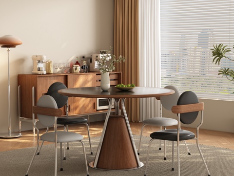  中古侘寂风餐厅 餐桌椅3d模型 