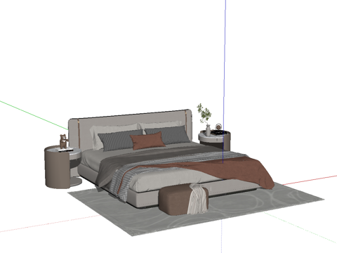 现代双人床_床头柜_植物_雕塑摆件su模型