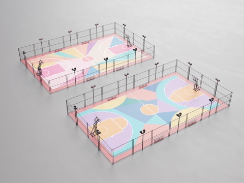 现代户外球场 篮球场 运动场地 半场篮球场 球场灯 铁围 铁su模型