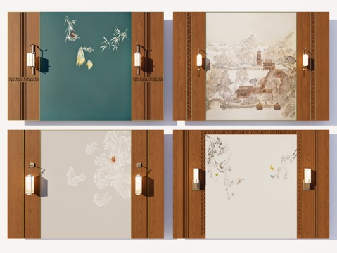 新中式卧室背景墙 客厅电视背景墙 木饰面背景墙 中式原木护墙su模型