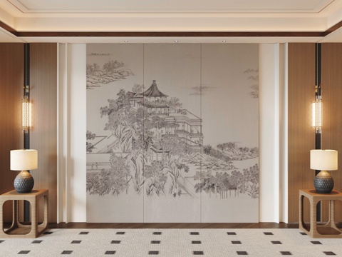  新中式背景墙3d模型 