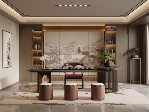 新中式茶室 茶桌椅 书柜su模型