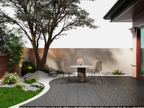  现代新中式 庭院花园 禅意空间 圆形餐桌椅 乔木行道树 山石3d模型 