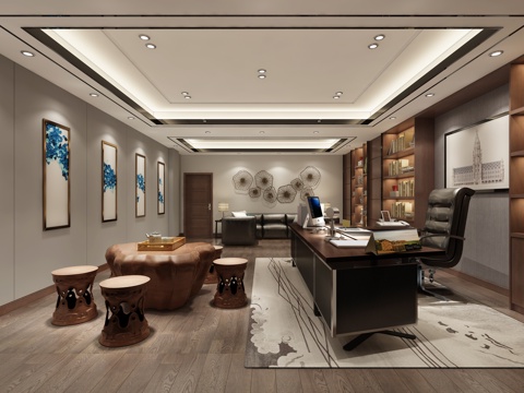  新中式现代办公室 办公桌 沙发3d模型 