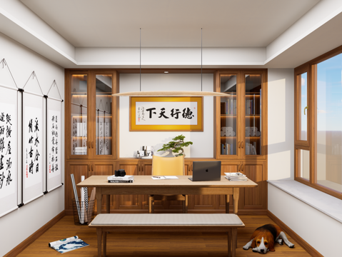 新中式家居书房 原木风书柜书房 新中式书柜 装饰柜摆件组合su模型