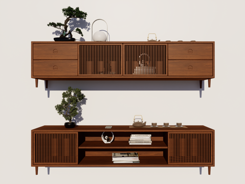 新中式客厅电视柜 电视柜组合 实木电视柜 成品电视柜su模型