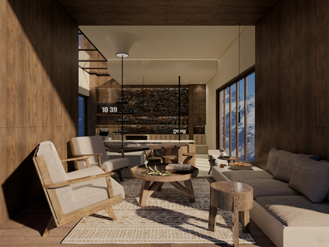 侘寂风民宿接待大厅 吧台 民宿大堂su模型