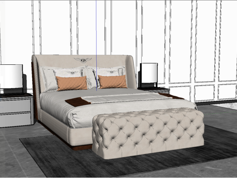 美式风格卧室_双人床_饰品摆件su模型