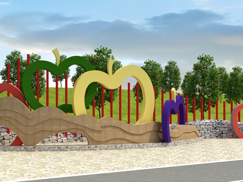  雕塑 苹果 苹果雕塑 景观 景观墙 挡墙 美丽乡村3d模型 