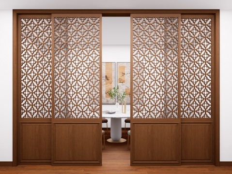 新中式玻璃推拉门 厨房雕花推拉门 实木推拉门 室内隔断推拉门su模型