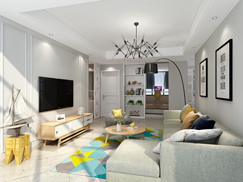  现代客厅 吊灯 沙发 电视柜 定制装饰柜 落地灯3d模型 