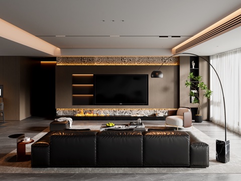 现代意式客餐厅 沙发茶几 餐桌椅 电视背景墙 餐边柜su模型