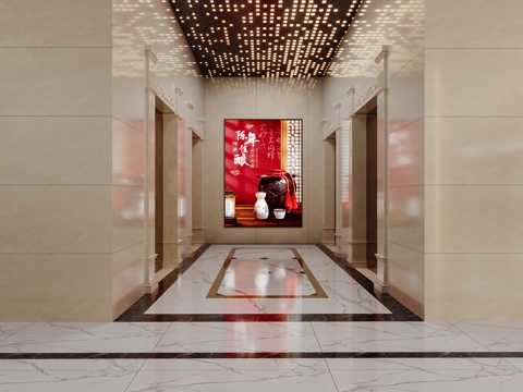  现代轻奢酒店大堂前台电梯厅3d模型 