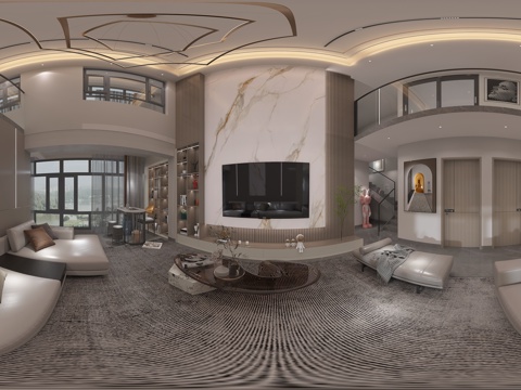  现代客餐厅 楼中楼 吊灯 电视沙发背景墙 装饰画 厨房 餐厅 