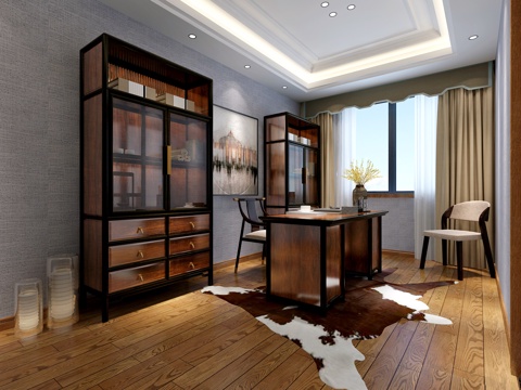  新中式书房 新中式地毯 挂画3d模型 