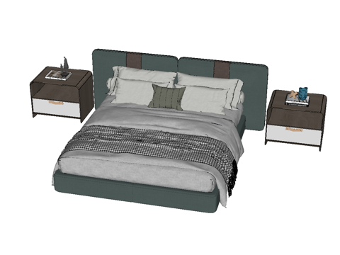 现代双人床_床头柜_植物_雕塑摆件su模型