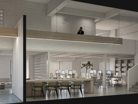 侘寂小型办公室 小型 开放式办公室 办公桌椅组合su模型