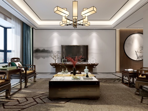  新中式客厅沙发茶几吊灯挂画 鞋柜电视柜3d模型 