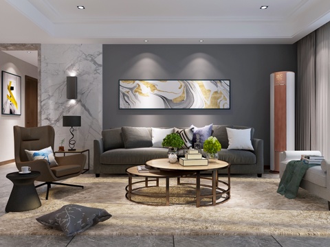  现代客厅沙发茶几吊灯挂画 鞋柜电视柜3d模型 