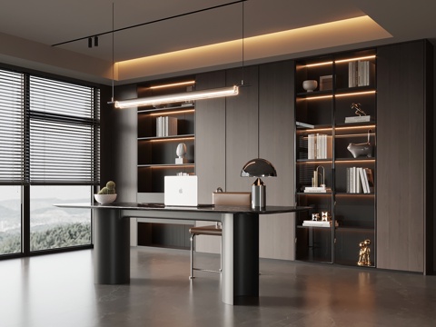 现代意式书房 书柜 书桌椅su模型